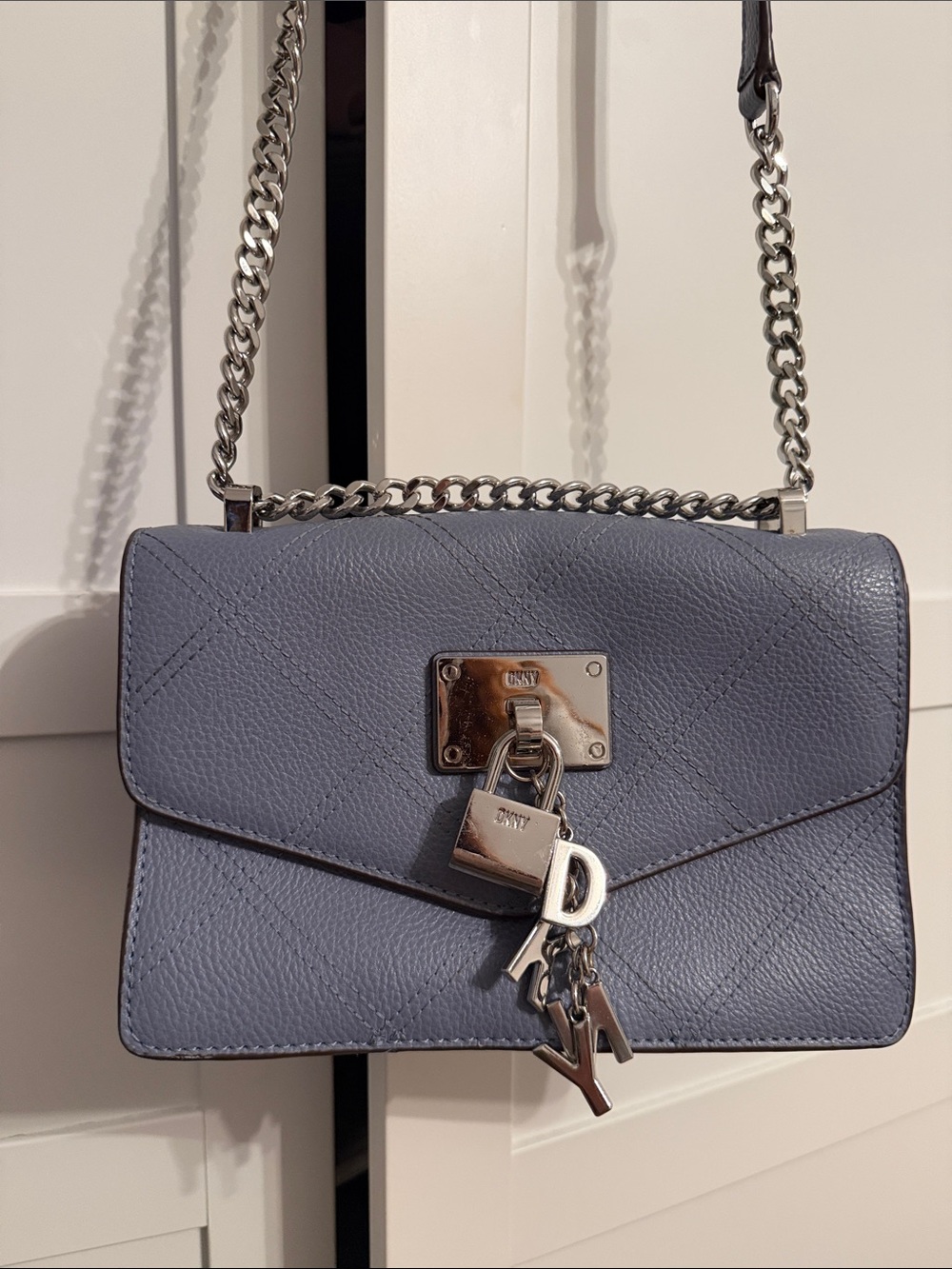 DKNY Dusty Blue Pebbled Leather Shoulder Bag with Silver Chain